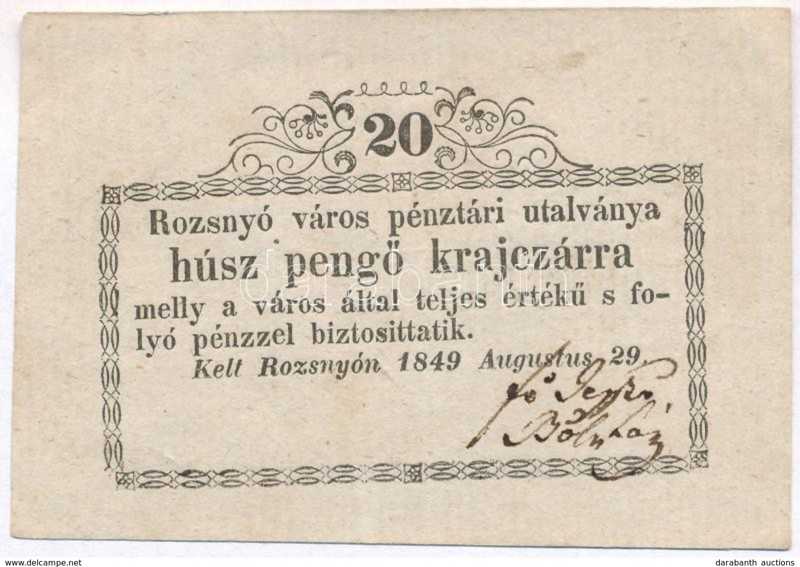 Rozsnyó 1849. 20kr 'Rozsnyó Város Pénztári Utalványa' T:III  Szép Papír ROZ-2.1 - Non Classés