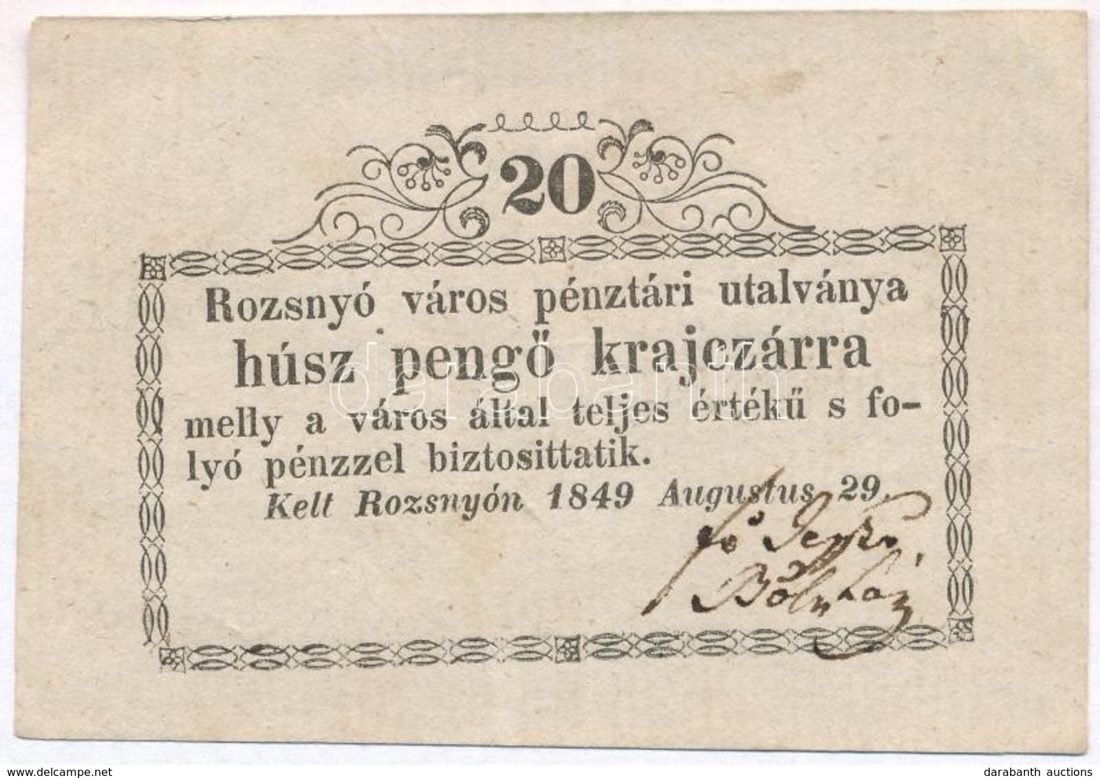 Rozsnyó 1849. 20kr 'Rozsnyó Város Pénztári Utalványa' T:III  Szép Papír ROZ-2.1 - Unclassified