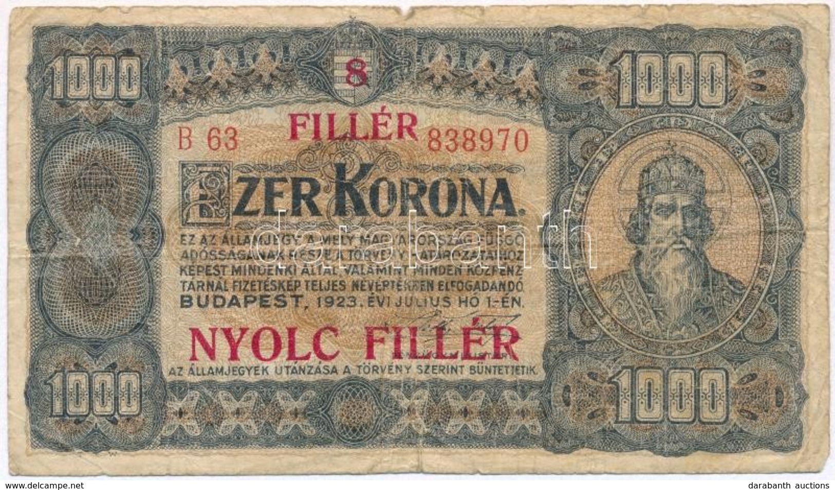 1923. 1000K '8 FILLÉR - NYOLC FILLÉR' Felülnyomással, Nyomdahely Jelölés Nélkül T:III,III- 
Adamo K37B - Non Classés