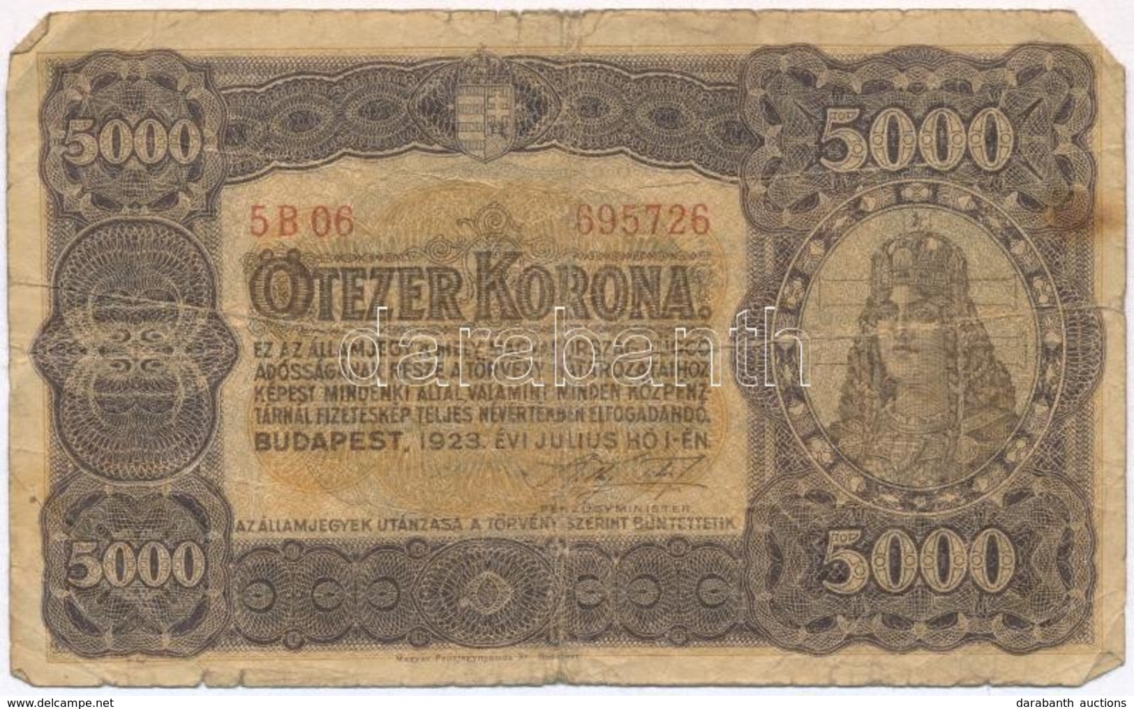 1923. 5000K 'Magyar Pénzjegynyomda Rt. Budapest' T:III-
Adamo K39 - Non Classés