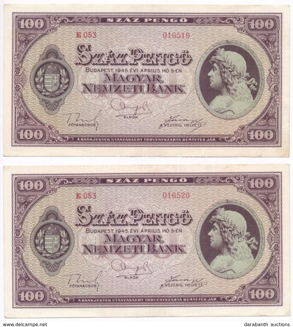 1945. 100P (2x) Sorszámkövetők, A Bankjegyek Felső Szélein Vízjel Részlet T:I- Szamárfül - Non Classés