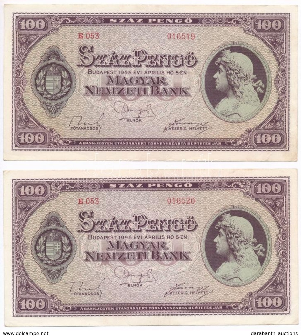 1945. 100P (2x) Sorszámkövetők, A Bankjegyek Felső Szélein Vízjel Részlet T:I- Szamárfül - Unclassified