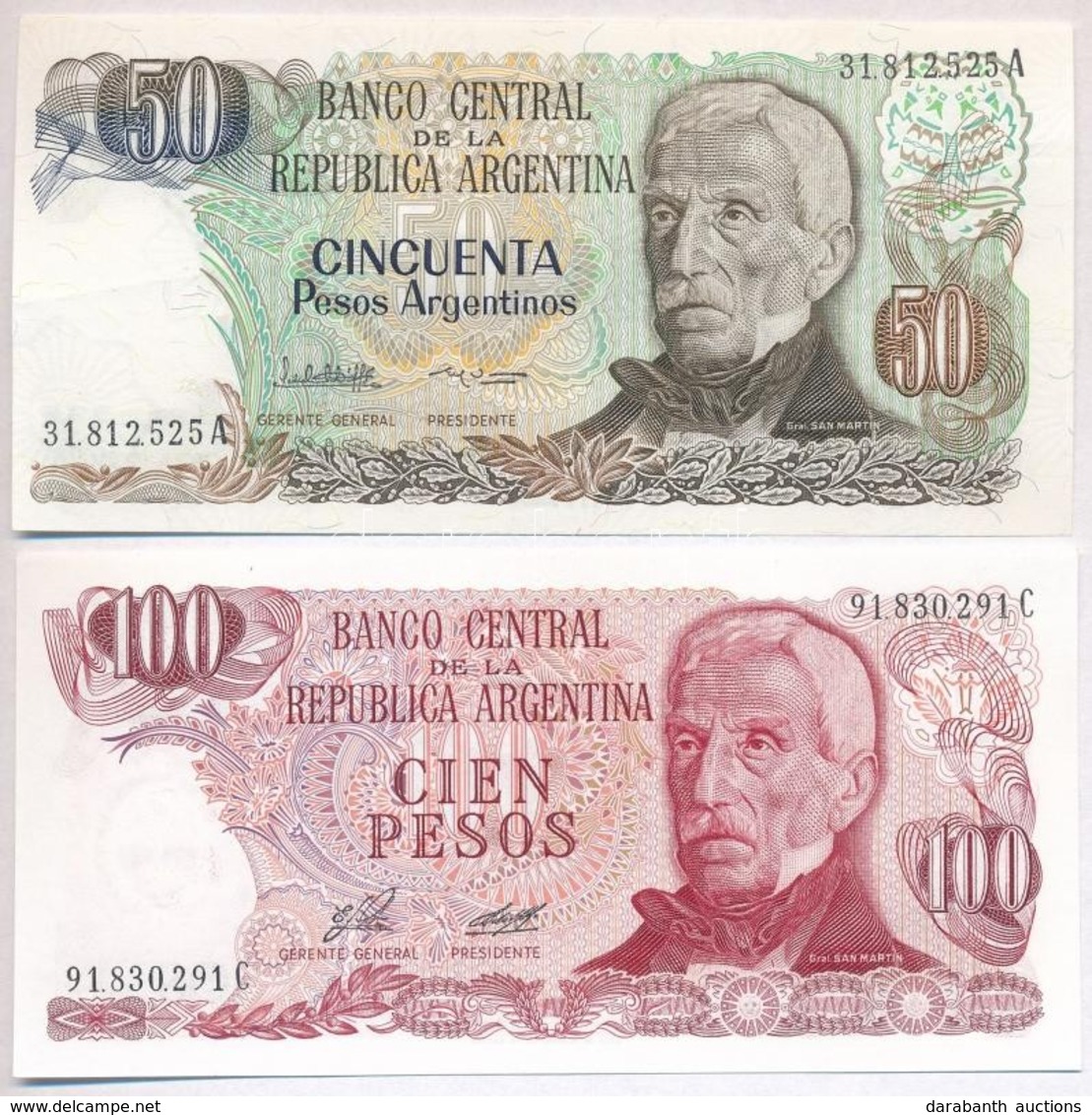 Argentína 1976-1978. 100P + 1983-1985. 50P T:I,I-
Argentina 1976-1978. 100 Pesos + 1983-1985. 50 Pesos C:UNC,AU - Non Classés