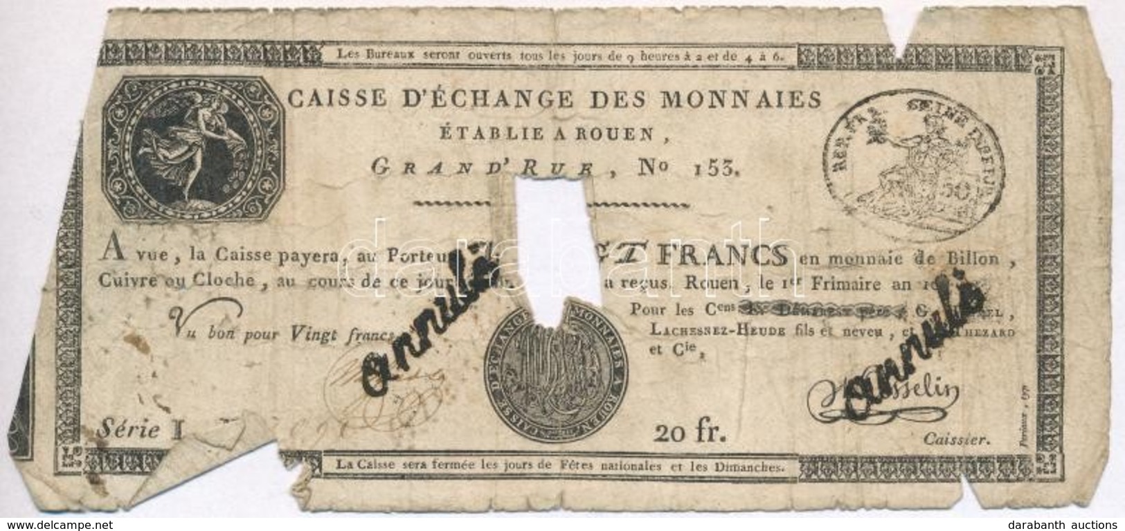 Franciaország / Rouen 1797-1803. 20Fr 'annulé (érvénytelen)' Felülbélyegzéssel T:IV 
France / Rouen 1797-1803. 20 Francs - Non Classificati