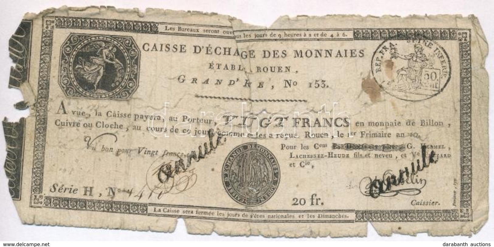 Franciaország / Rouen 1797-1803. 20Fr 'annulé (érvénytelen)' Felülbélyegzéssel T:IV 
France / Rouen 1797-1803. 20 Francs - Non Classés