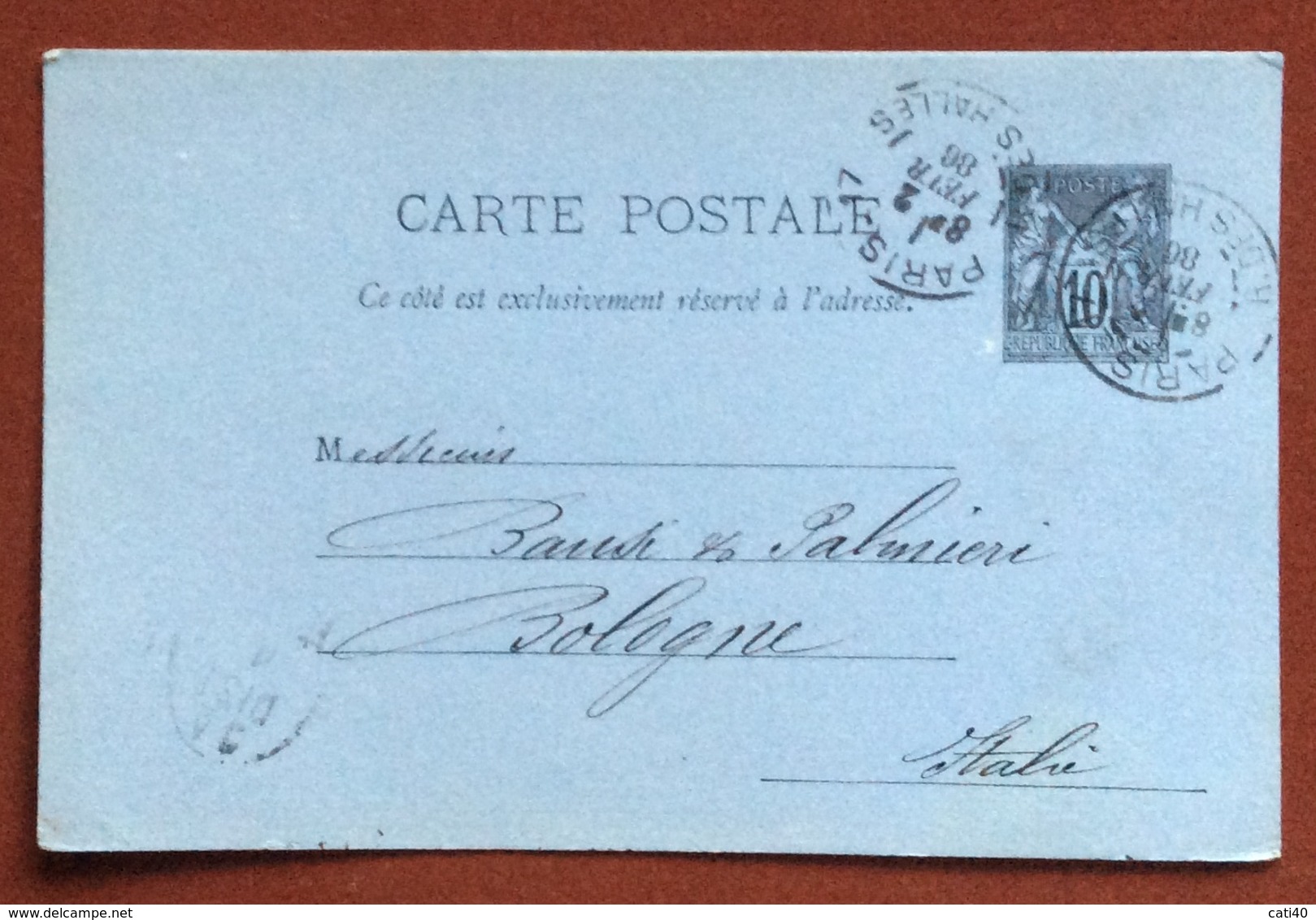FRANCIA   CARTE POSTALE  10 C.  PARIS R. DES HALLES   TO  BOLOGNA  2/2/86 + LAPOSTOLET FRERES & CERTEUX - 1876-1898 Sage (Type II)