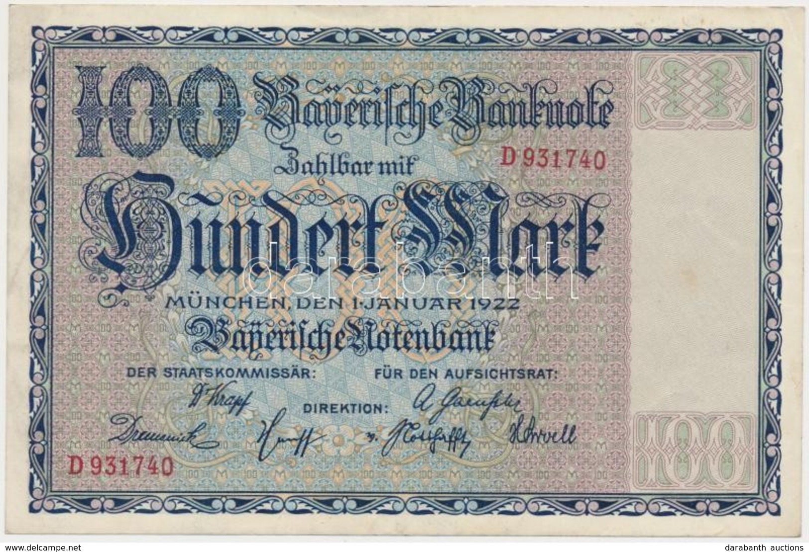Németország / Weimari Köztársaság / Bajorország 1922. 100M T:III
Germany / Weimar Republic /  Bavaria 1922. 100 Mark C:F - Non Classés