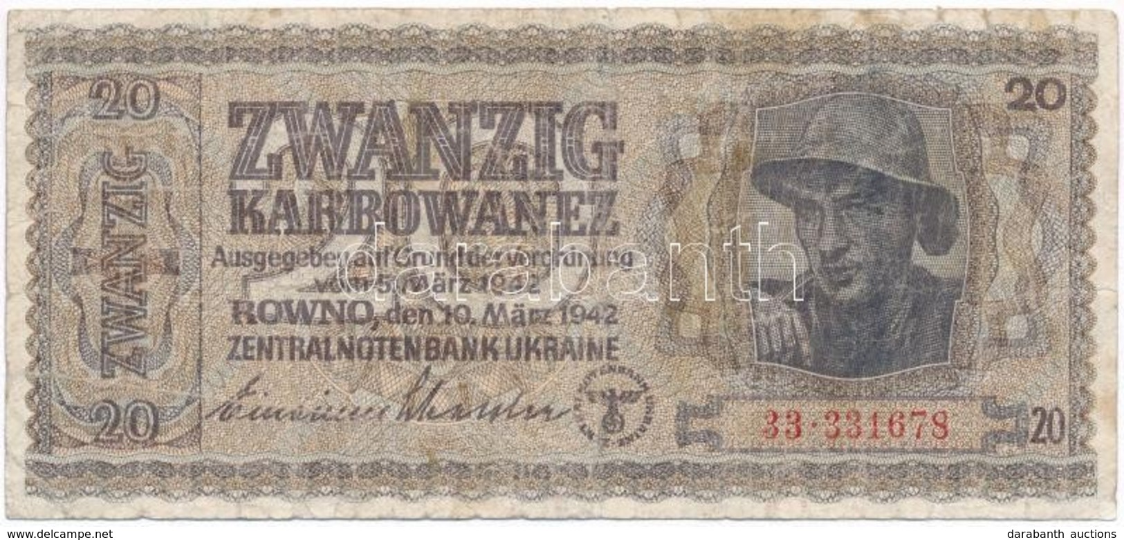 Ukrajna / Német Megszállás 1942. 20K T:III-,IV
Ukraine / German Occupation 1942. 20 Karbowanez  C:VG,G - Non Classés