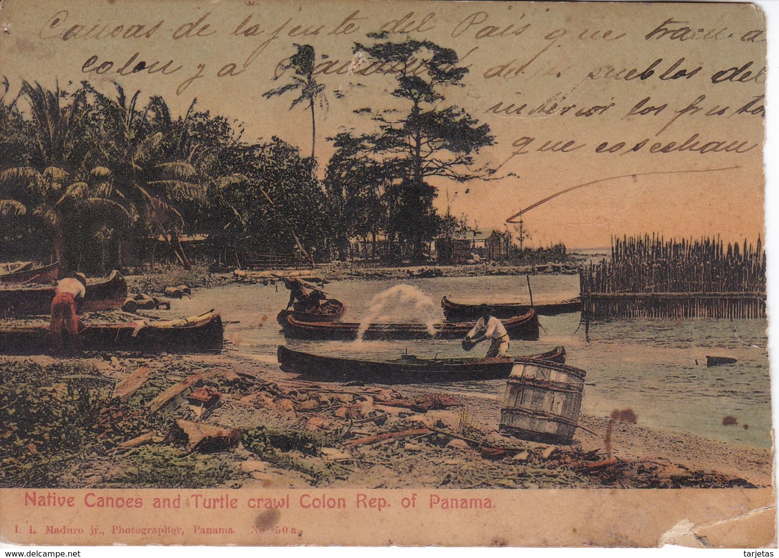 POSTAL DE PANAMA DE NATIVE CANOAS AND TURTLE CRAWL COLON DEL AÑO 1909 (L. MADURO) ROTURA - Panamá