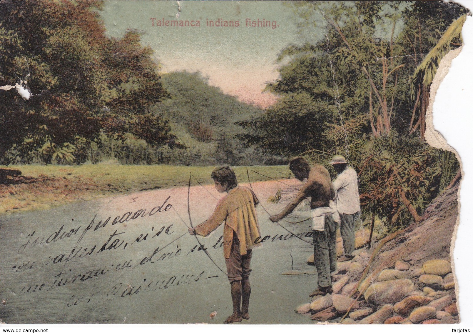 POSTAL DE PANAMA DE TALEMANCA DE UNOS INDIOS PESCANDO - ROTURA - Panamá