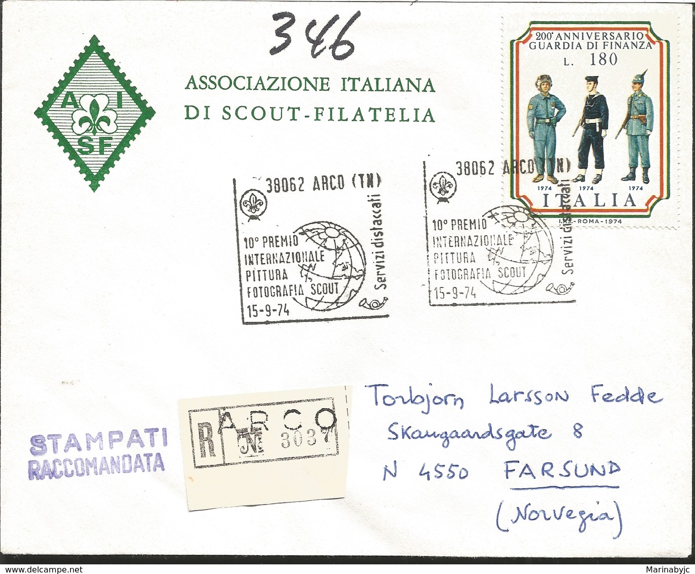 J) 1974 ITALY, 200 ANNIVERSARY OF THE GUARD OF FINANCE, 10 INTERNATIONAL SCOUT PAINTING PHOTOGRAPHY AWARD, MAP, REGISTER - 1971-80: Used