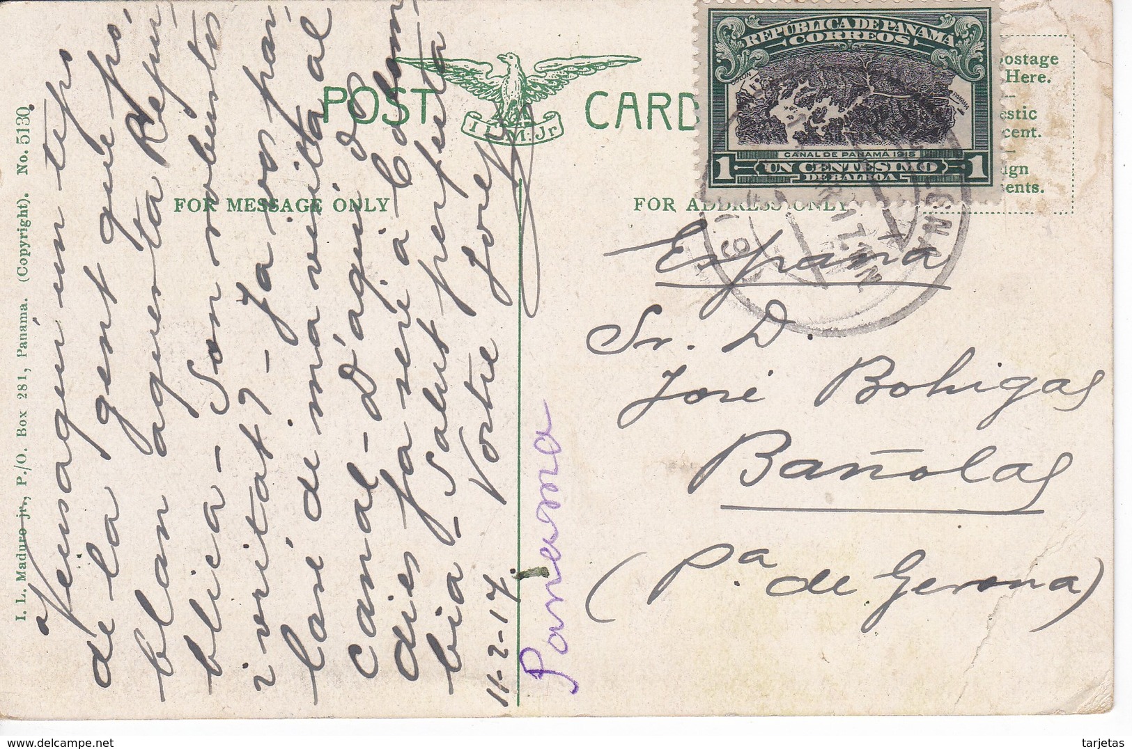 POSTAL DE PANAMA DE A JAGUAR HUNTER DEL AÑO 1917 (L. MADURO) - Panamá