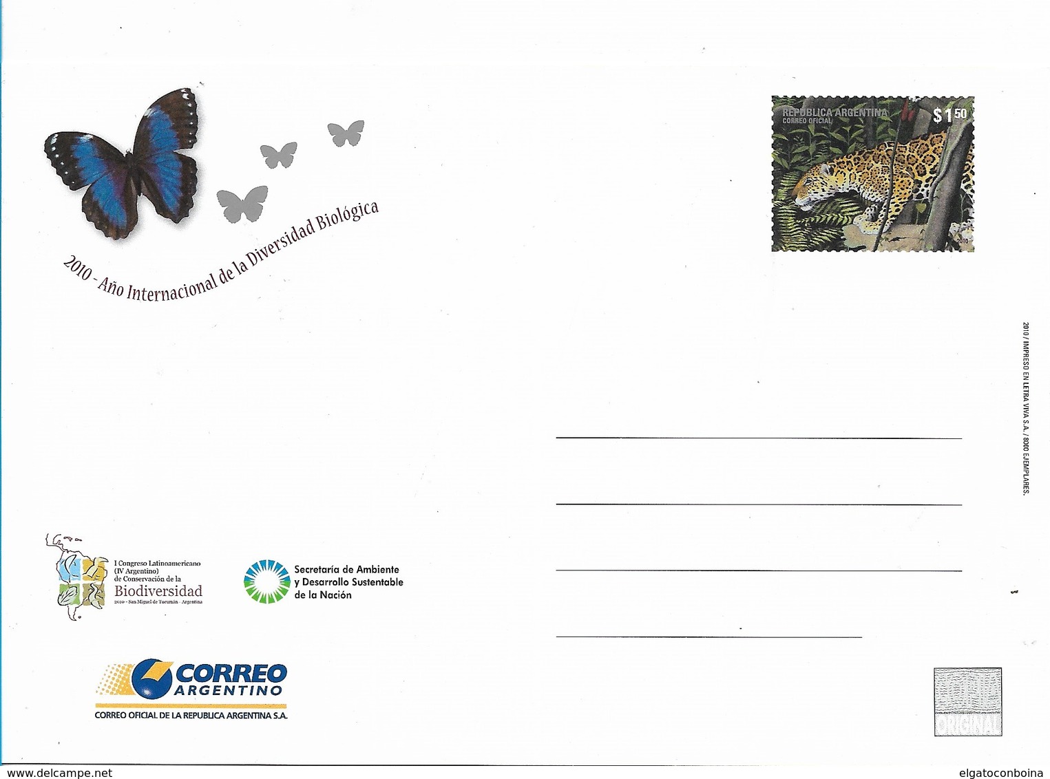 ARGENTINA POSTAL STATIONERY YEAR 2010, YEAR OF BIOLOGICAL DIVERSITY ANIMALS FAUNA - Enteros Postales