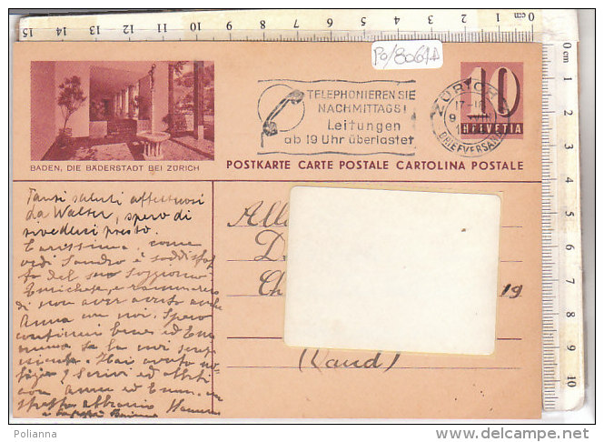 PO8064D# CARTOLINA POSTALE 10 Cent. Veduta BADEN, DIE BADERSTADT BEI ZURICH  VG ZURICH  09-08-1944 - Storia Postale