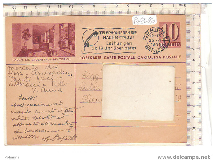 PO8065D# CARTOLINA POSTALE 10 Cent. Veduta BADEN, DIE BADERSTADT BEI ZURICH  VG ZURICH  25-08-1944 - Storia Postale