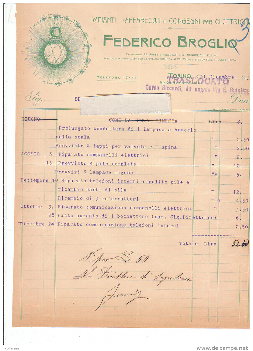 PO8109D# FATTURA CARTA INTESTATA FEDERICO BROGLIO - IMPIANTI APPARECCHI ELETTRICITA' TORINO 1913 - Italia