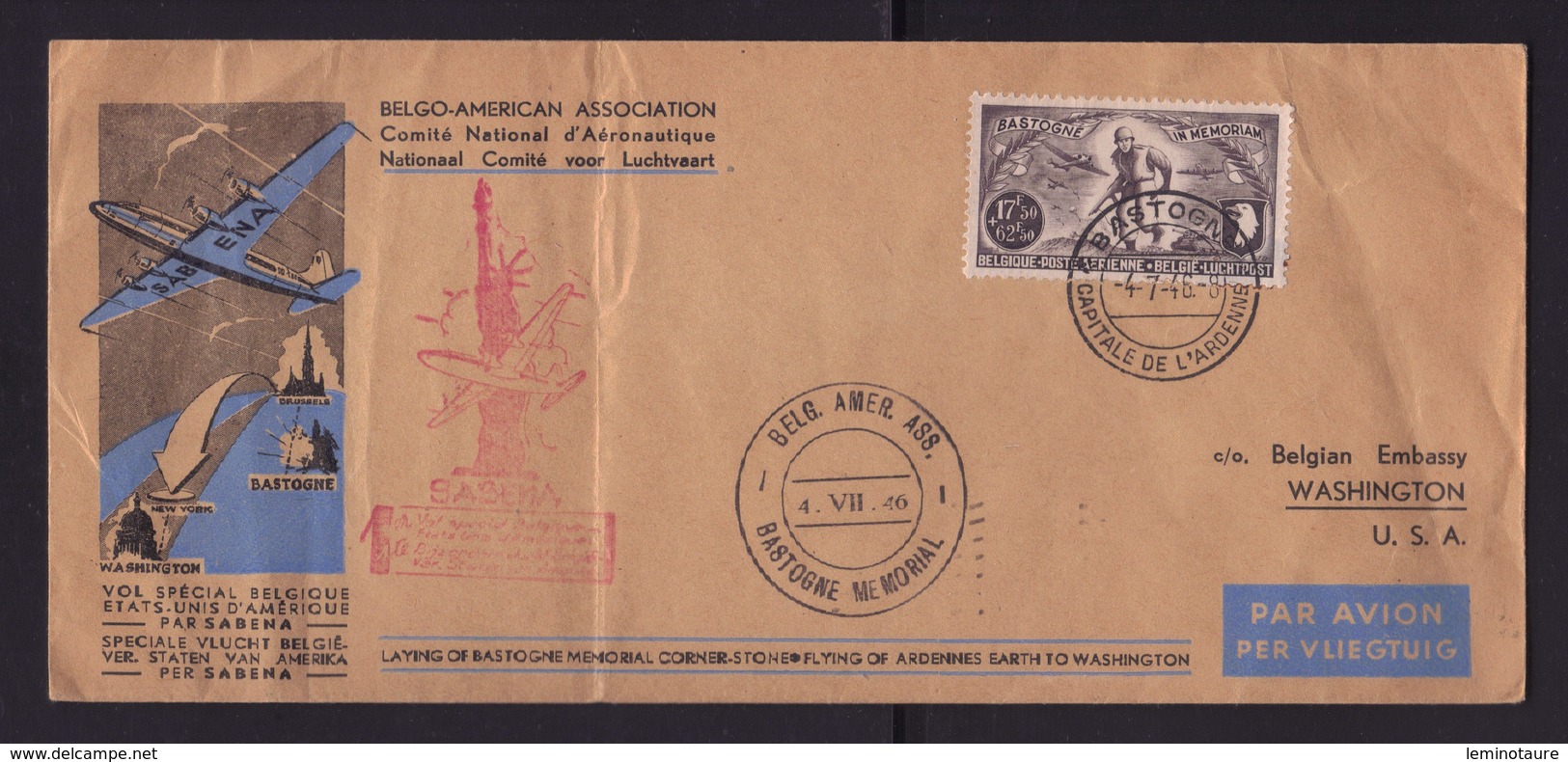 Cie SABENA / Vol Spécial BELGIQUE >>> ETATS UNIS / BASTOGNE MEMORIAL 04.07.1946 - Lettres & Documents