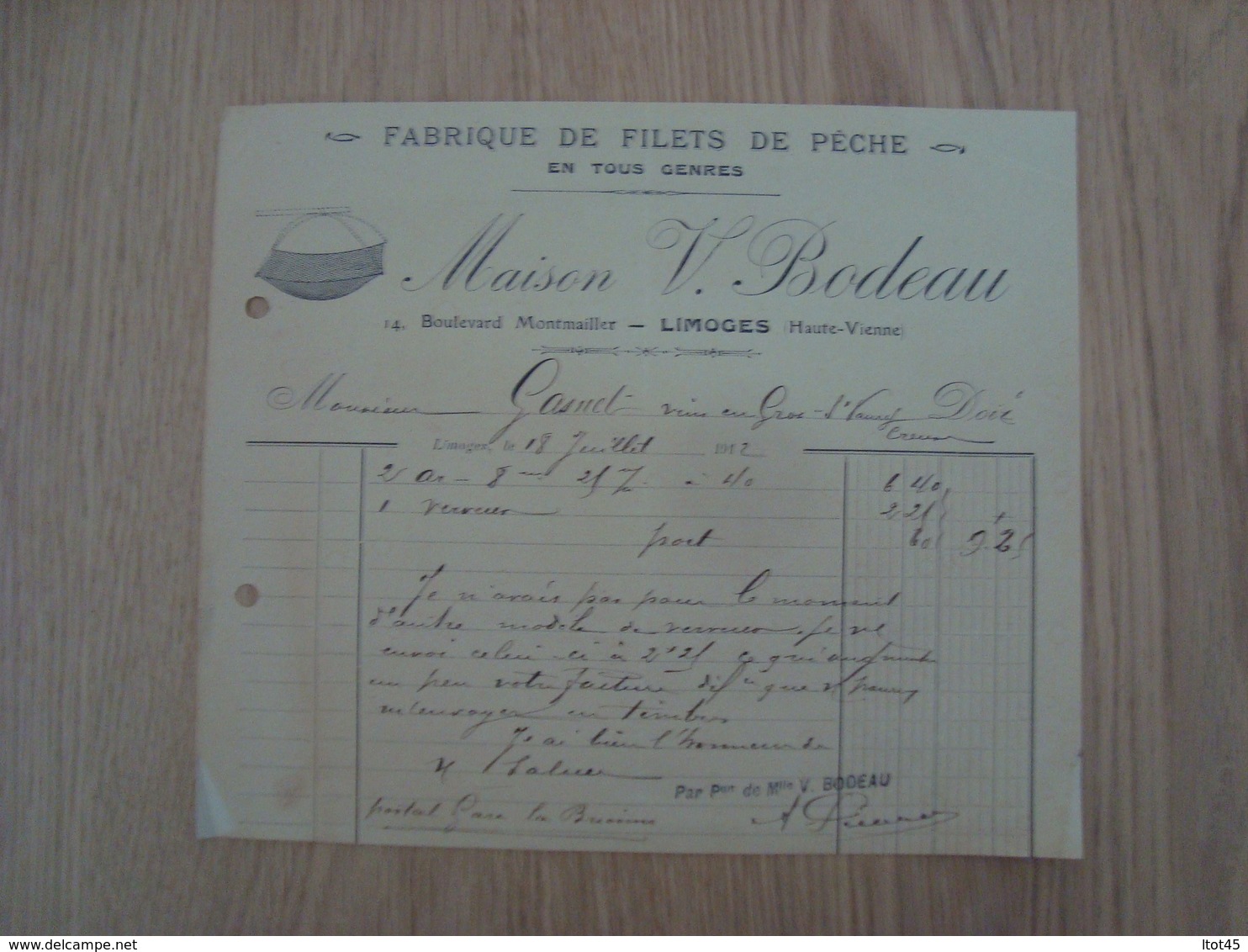 FACTURE MAISON V.BODEAU FABRIQUE DE FILETS DE PECHE LIMOGES 1912 - 1900 – 1949