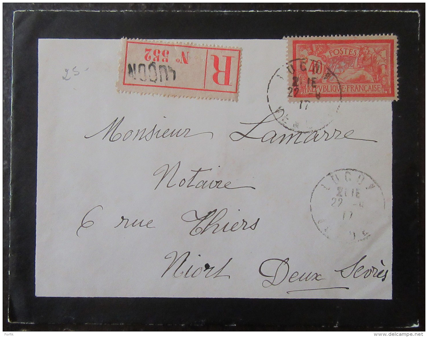 Recommandé "Luçon" N°552 Sur Enveloppe Avec Timbre 40c Type Merson YT N°119 - Cachet 1917 - 1877-1920: Période Semi Moderne