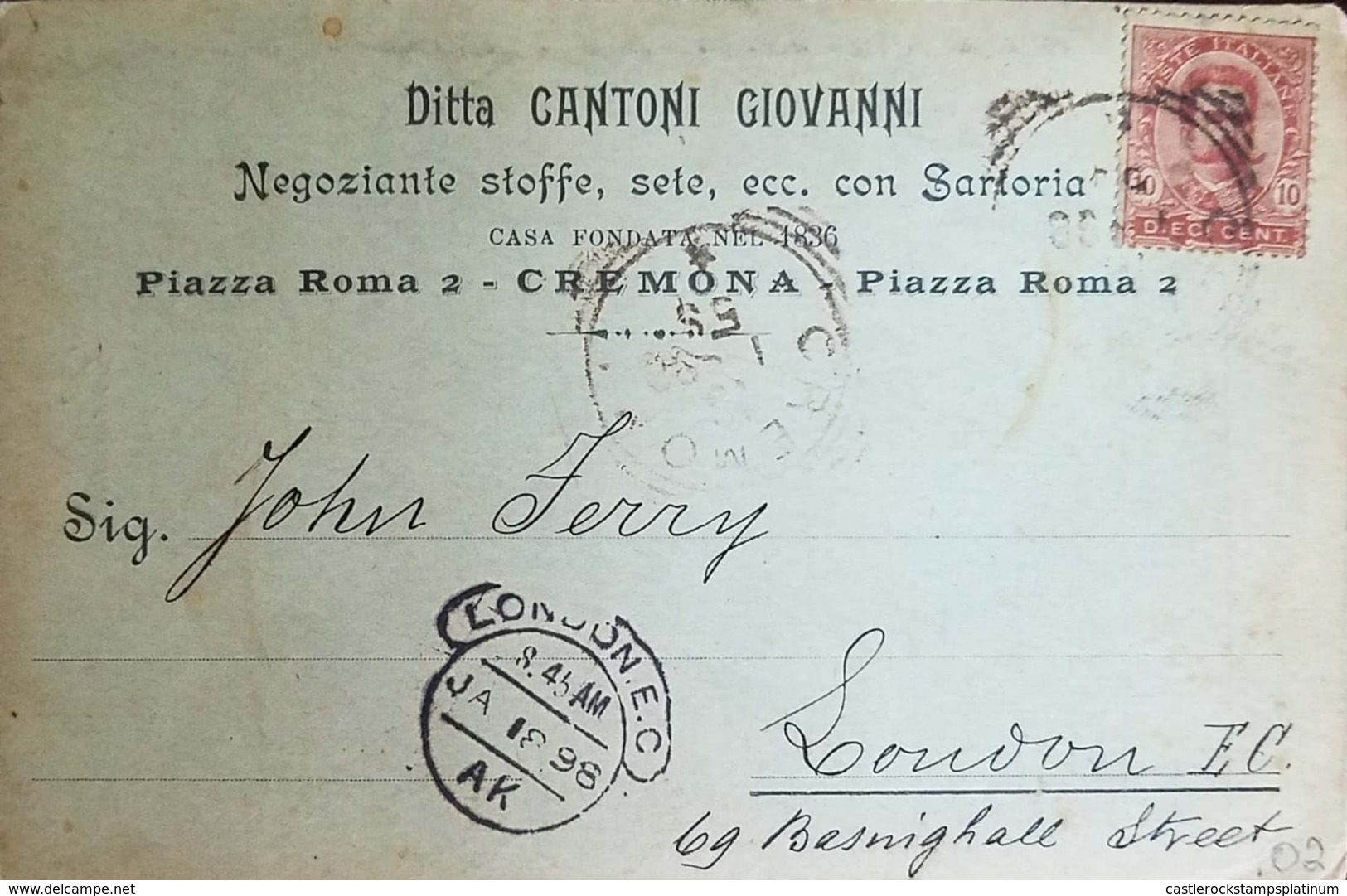 O) 1898 ITALY, HUMBERT 10c, FROM DITTA CANTONI GIOVANNI, WITH RECEPTION IN LONDON, XF - Used