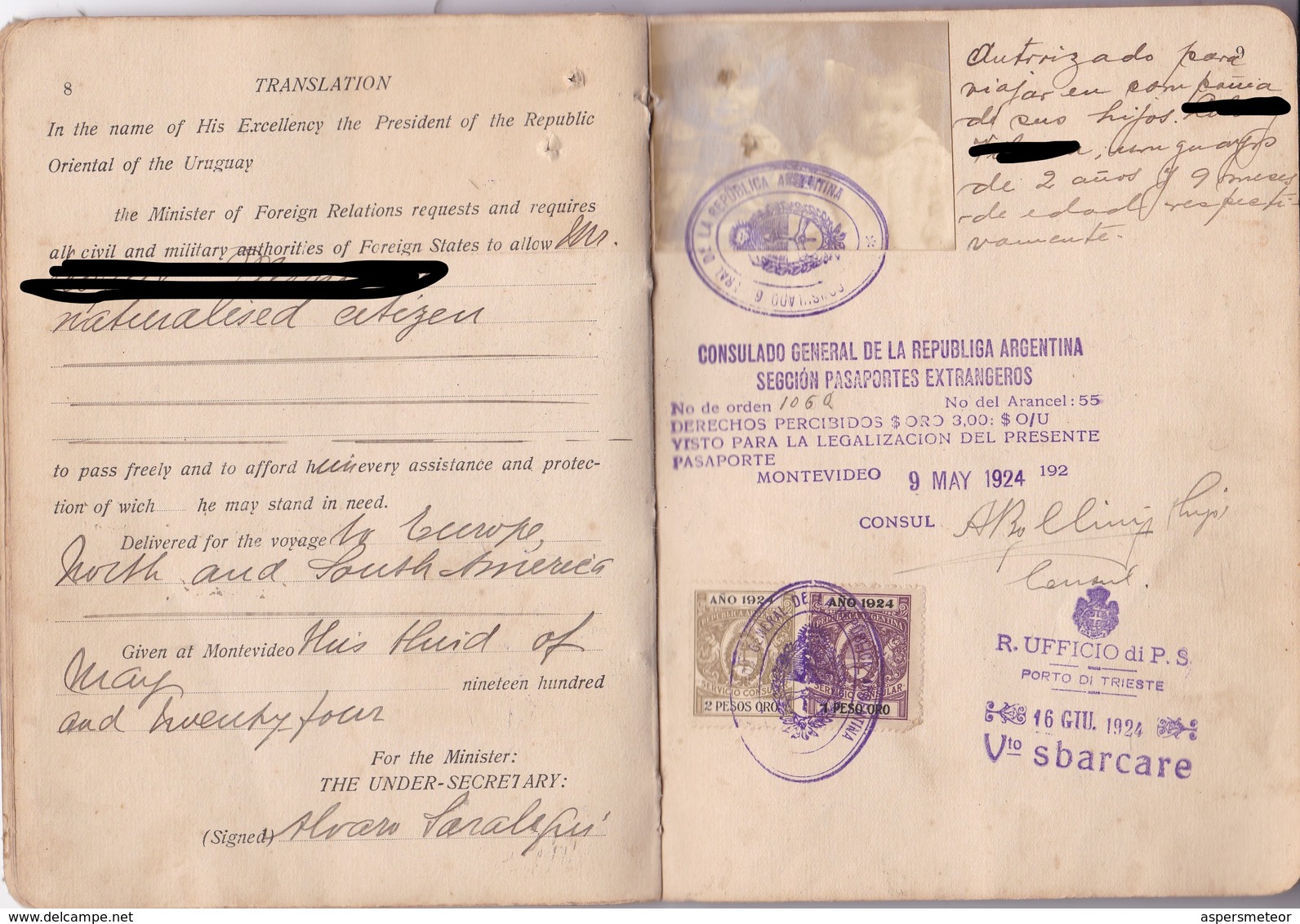 URUGUAY MASCULINO MALE RARE PARTIDA DE CASAMIENTO + PASAPORTE PASSPORT REISEPASS PASSAPORTO CIRCA 1920.-BLEUP