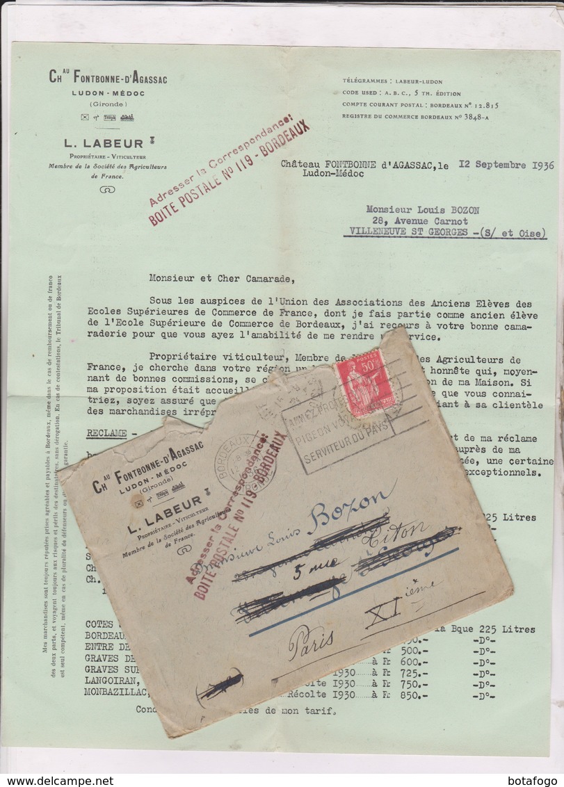 PUB SUR   LETTRE  (+ Envel  Reponse ) VITICULTEUR FONTBONNE En 1936!   (avec Son Enveloppe Timbree) - 1900 – 1949