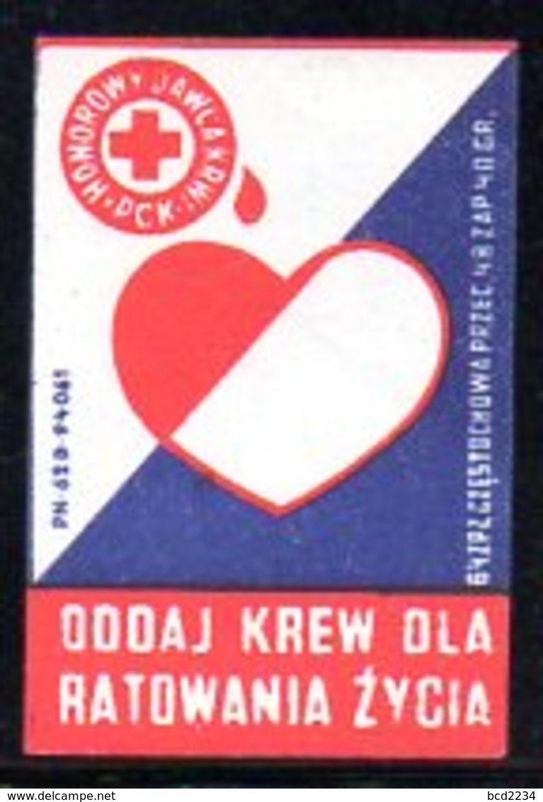 POLAND 1964 RED CROSS MATCHBOX LABEL NHM GIVE BLOOD TO SAVE LIVES HONORARY BLOOD DONOR RED CIRCLE HEART - Croce Rossa