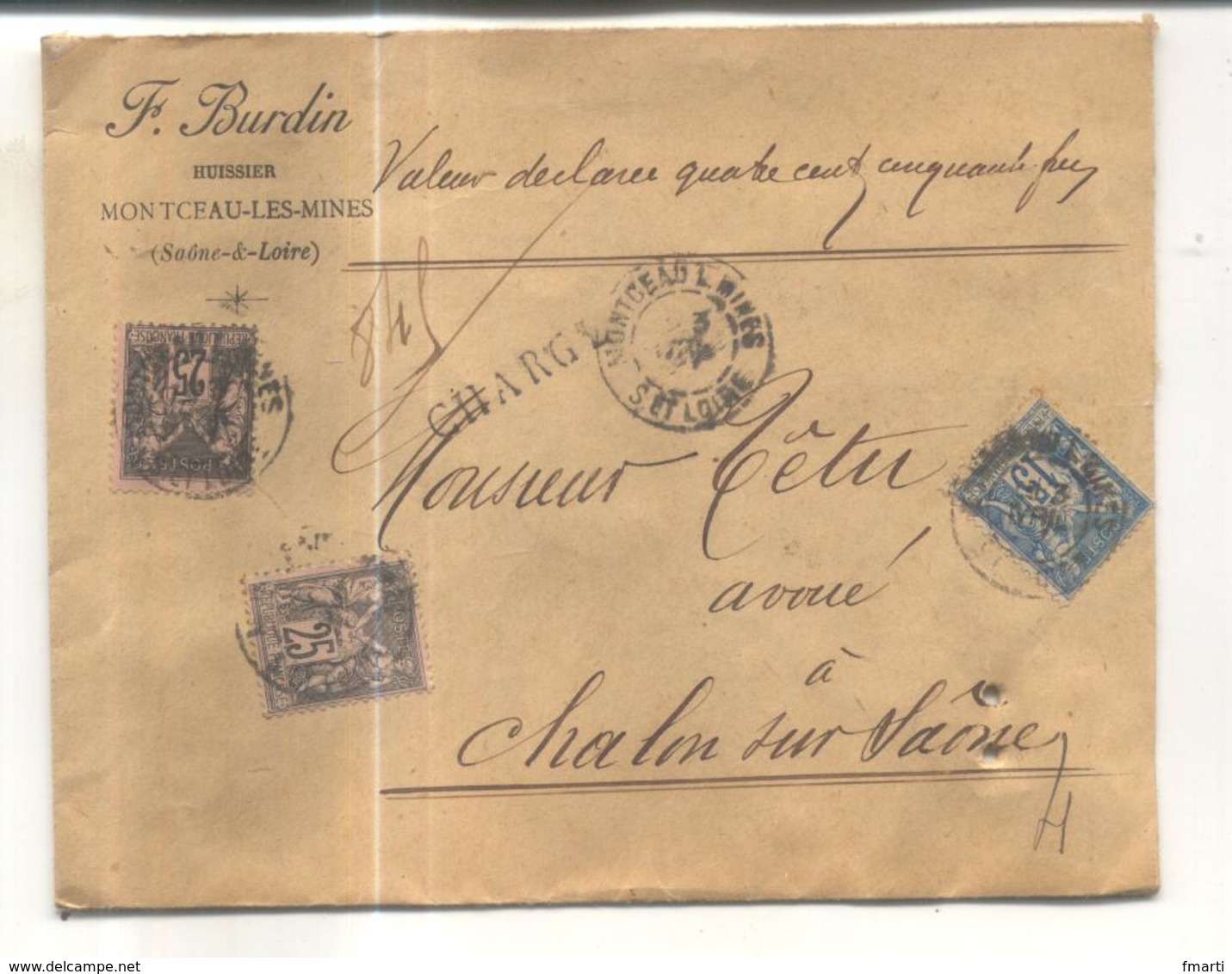 Enveloppe Chargé 450 Francs - 1877-1920: Période Semi Moderne