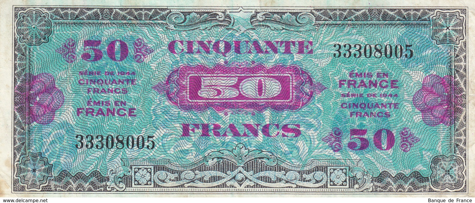 Billet 50 F Verso Drapeau 1944 FAY VF19.1 N° 33308005 - 1944 Drapeau/France