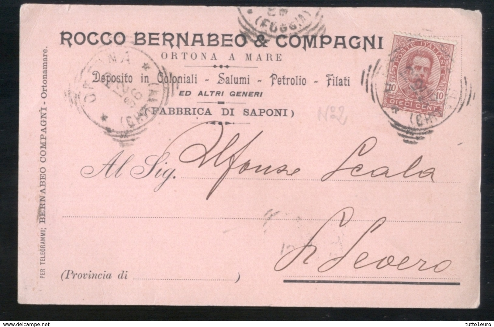 CARTOLINA COMMERCIALE - ORTONA A MARE - CHIETI - 1896 - BERNABEO SALUMI COLONIALI (2) - Negozi