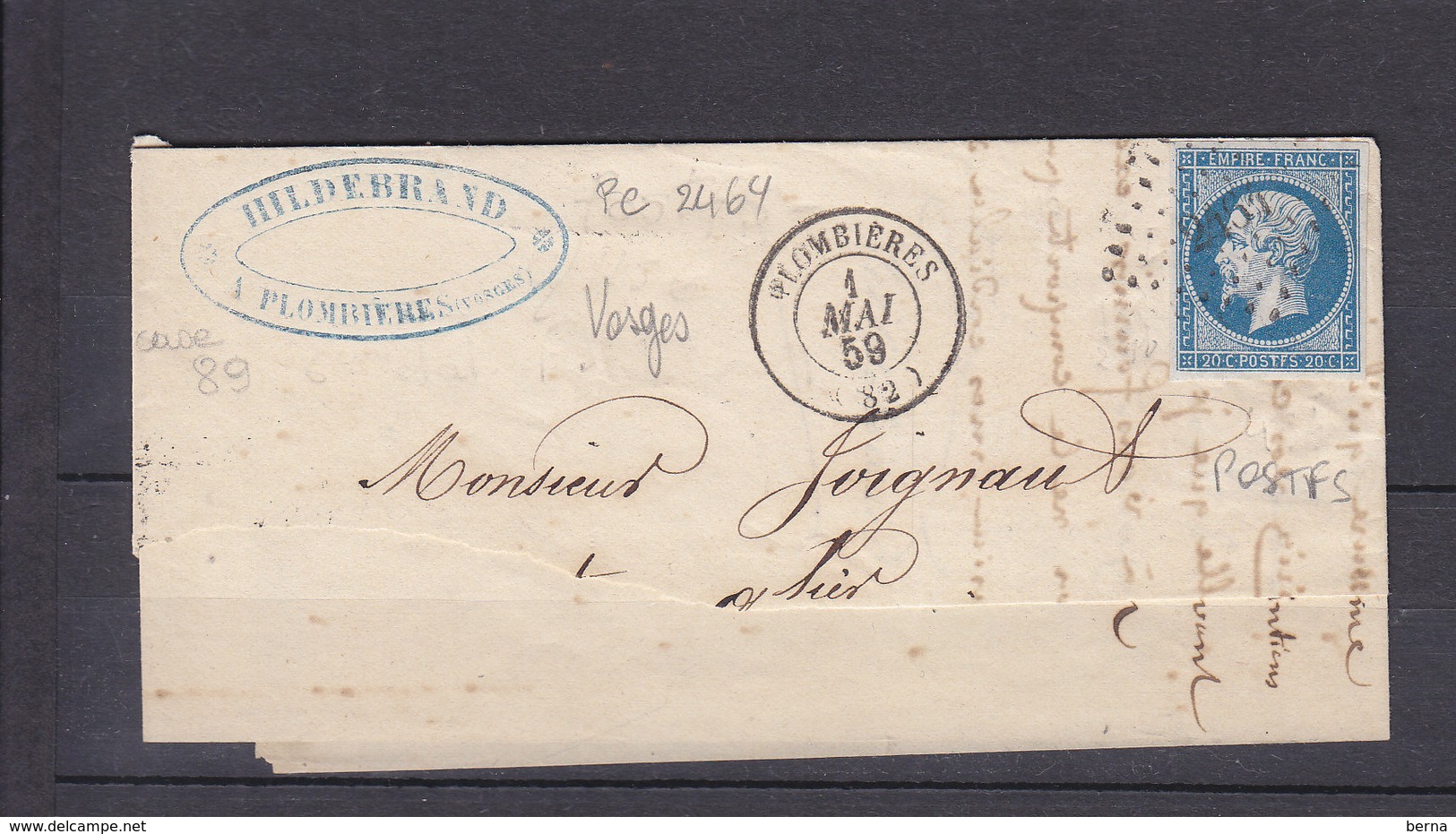 FRANCE 14 VARIETE POSTEFS  OBL PC 2464 PLOMBIERES VOSGES SUR PARTIE DE LETTRE - 1849-1876: Période Classique