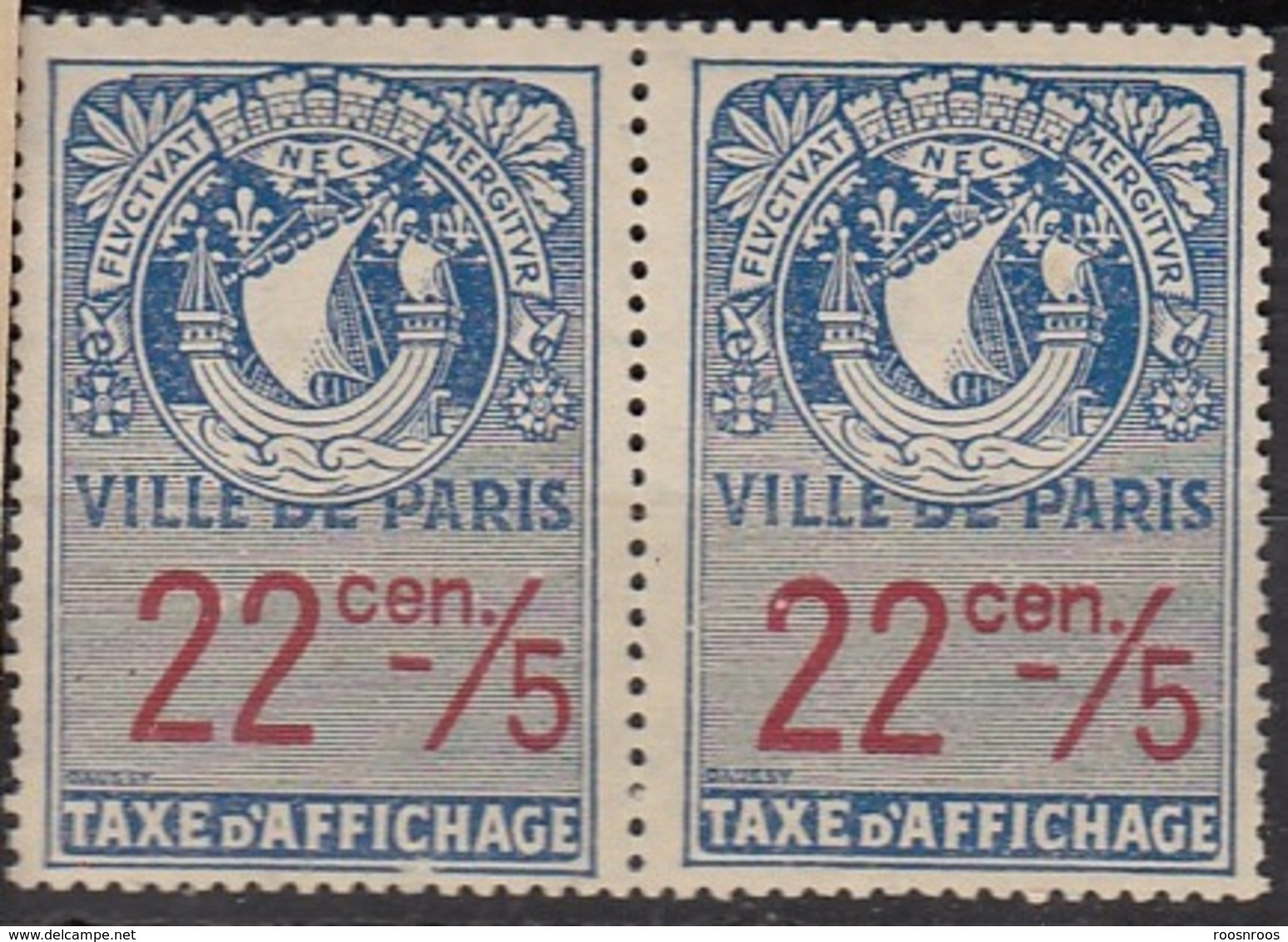 FISCAL TAXE AFFICHAGE VILLE DE PARIS 22C 5 EN PAIRE - Andere & Zonder Classificatie