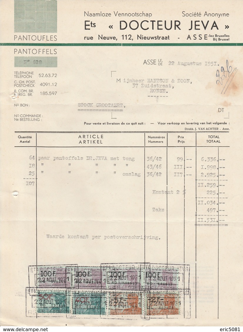 Factuur Schoenfabriek Docteur Jeva  Asse - 1950 - ...