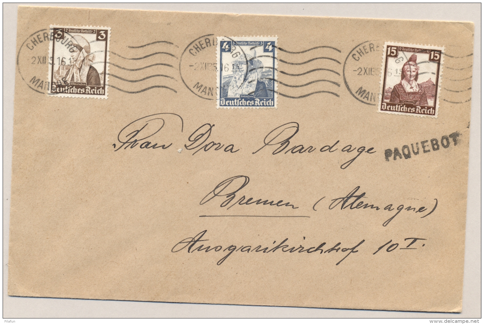 Deutsches Reich - 1935 - 3 X Volkstrachten On Cover From Cherbourg To Bremen - Brieven En Documenten