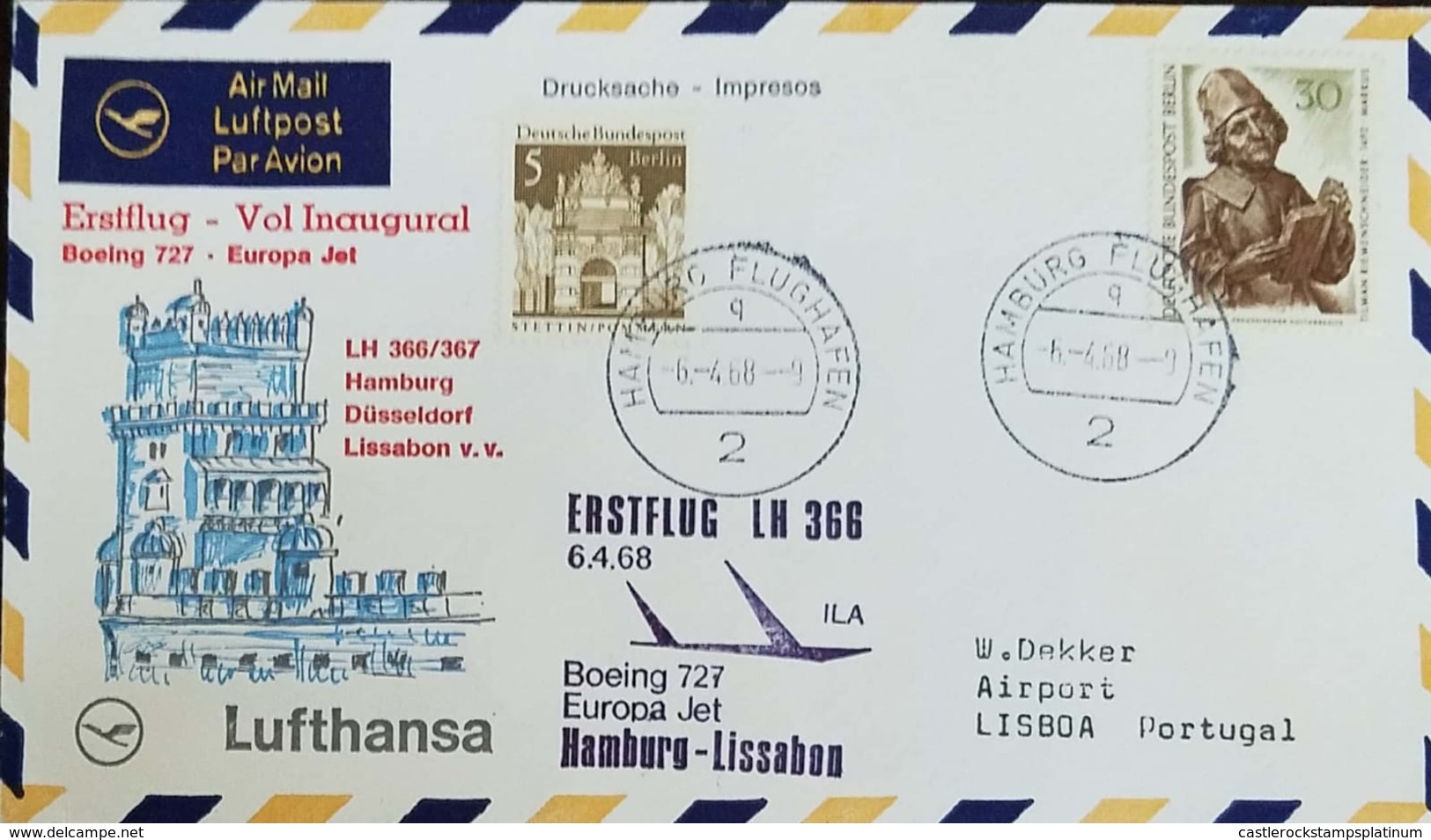 O) 1968 GERMANY, BERLIN GATE, ERSTFLUG LH 366 - BOEING -HAMBURG-LISSABON, XF - Covers & Documents