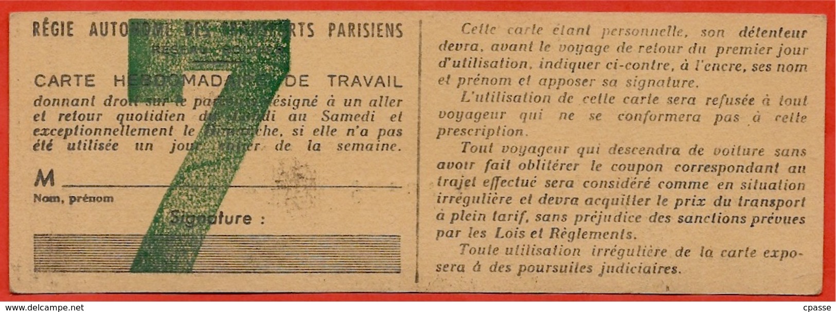 Rare Titre De Transport Avec Mention "SPECIMEN" CARTE HEBDOMADAIRE De TRAVAIL AUTOBUS RATP 75 PARIS - Europe
