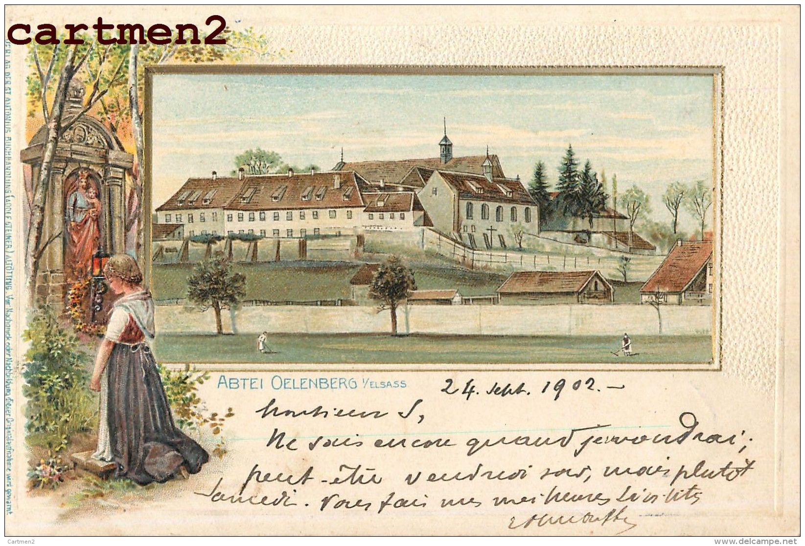 ABTEI OELENBERG GRUSS CARTE GAUFREE LITHO CISTERZIENSER OELENBERG ALSACE ELSASS - Autres & Non Classés