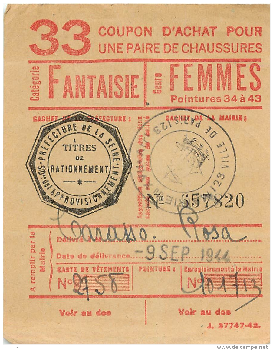 TITRES DE RATIONNEMENT COUPON ACHAT POUR UNE PAIRE DE CHAUSSURES - 1939-45