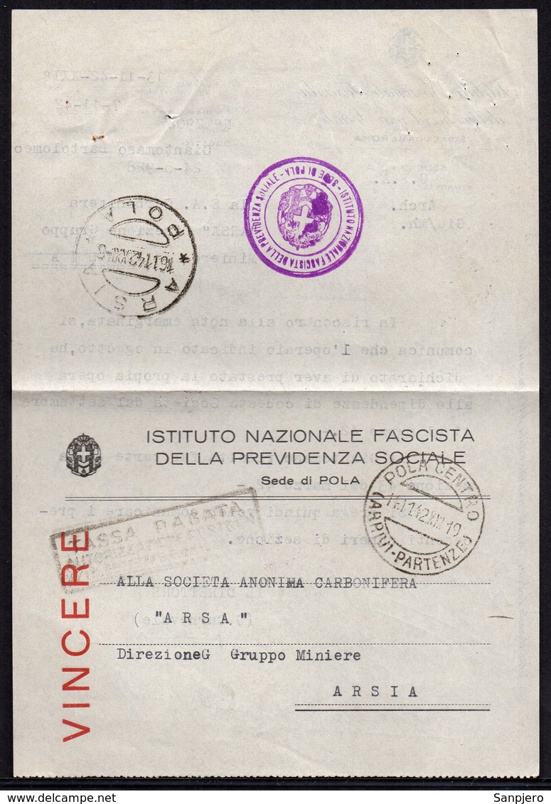 ITALY ITALIA ROMA POLA CENTRO ARSIA 1942. INSTITUTO NAZIONALE FASCISTA DELLE PREVIDENZA SOCIALE - Documenti Storici