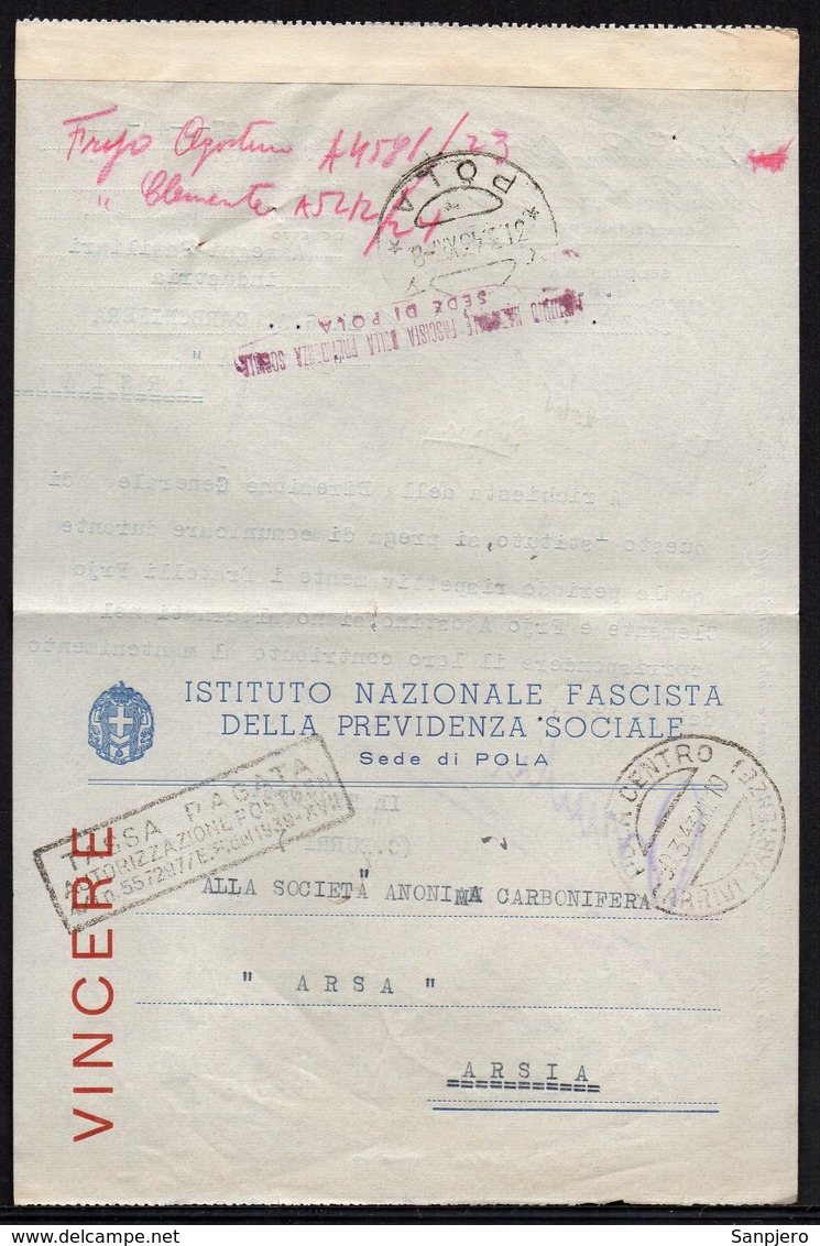 ITALY ITALIA ROMA POLA CENTRO ARSIA 1942. INSTITUTO NAZIONALE FASCISTA DELLE PREVIDENZA SOCIALE - Documenti Storici