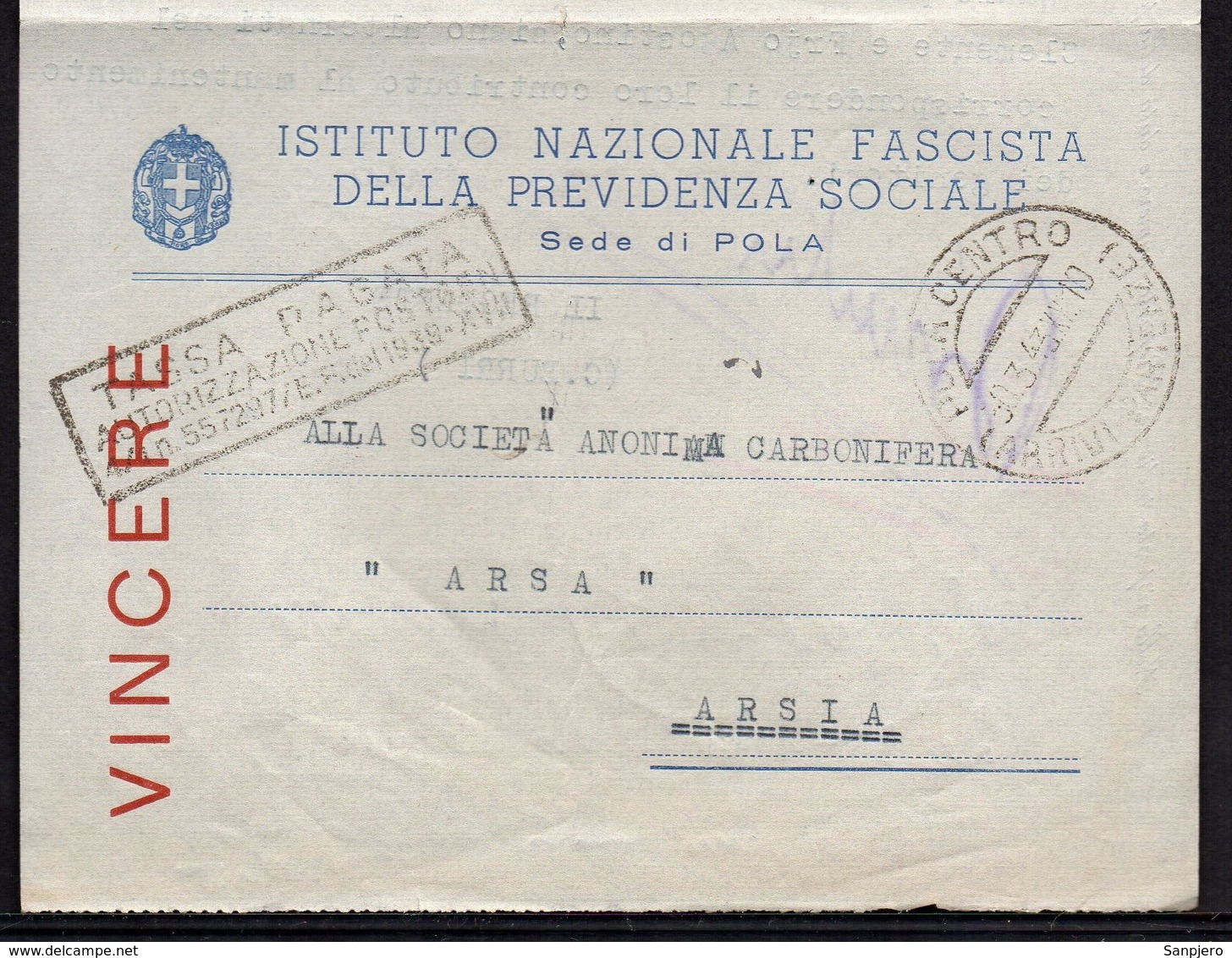 ITALY ITALIA ROMA POLA CENTRO ARSIA 1942. INSTITUTO NAZIONALE FASCISTA DELLE PREVIDENZA SOCIALE - Documentos Históricos