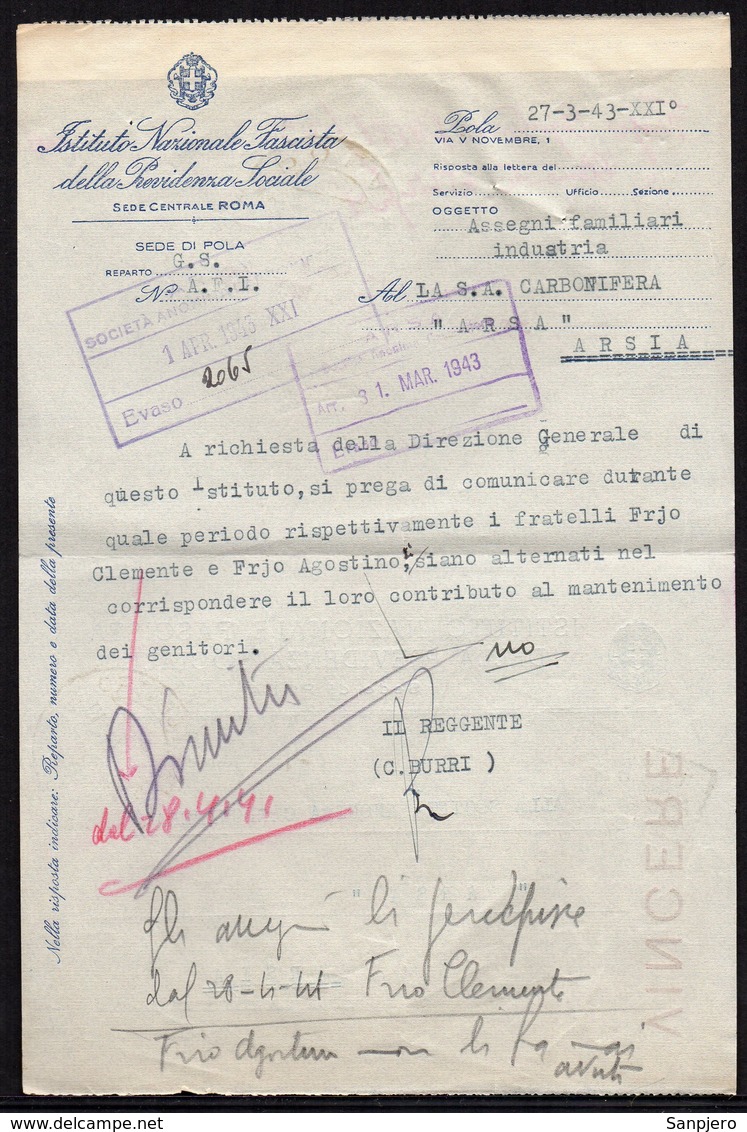 ITALY ITALIA ROMA POLA CENTRO ARSIA 1942. INSTITUTO NAZIONALE FASCISTA DELLE PREVIDENZA SOCIALE - Historical Documents