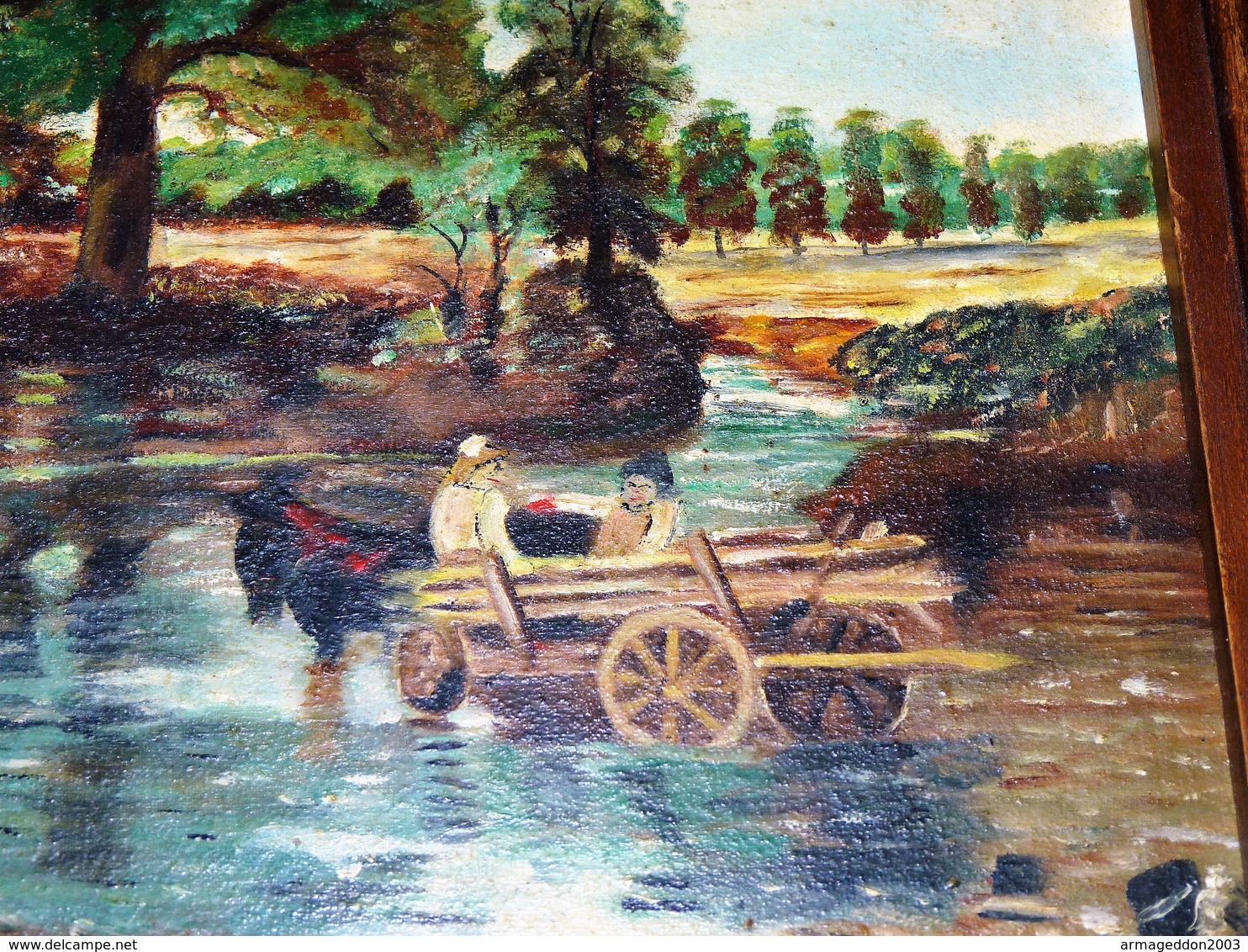 ANCIENNE PEINTURE HUILE SUR TOILE DE LENOBLE GENS SUR CHARIOT TRAVERSANT RIVIERE - Olieverf