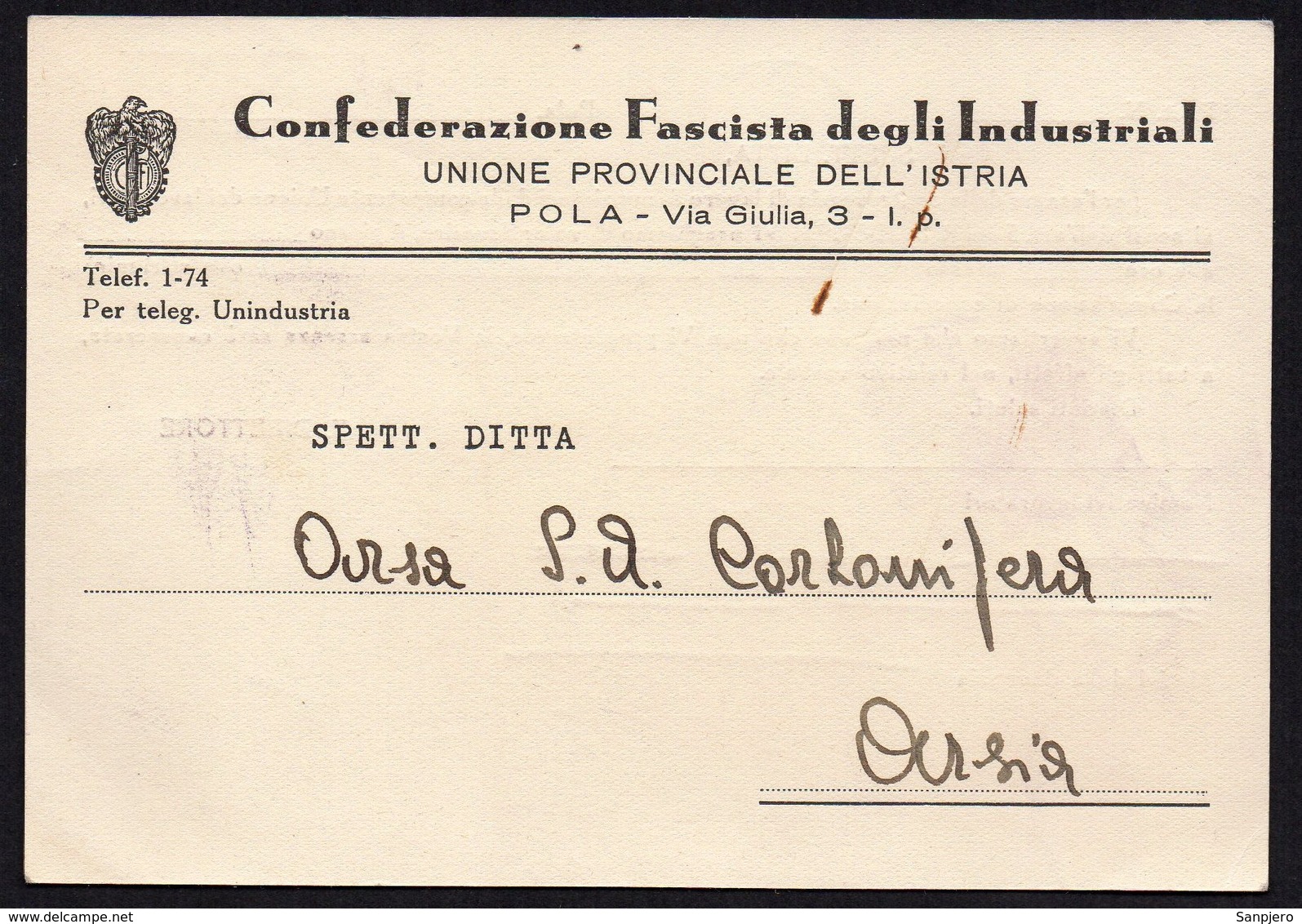 ITALY ITALIA POLA ARSIA 1939. CONFEDERAZIONE FASCISTA DEGLI INDUSTRIALI, UNIONE PROVINCIALE DELL' ISTRIA - Documenti Storici