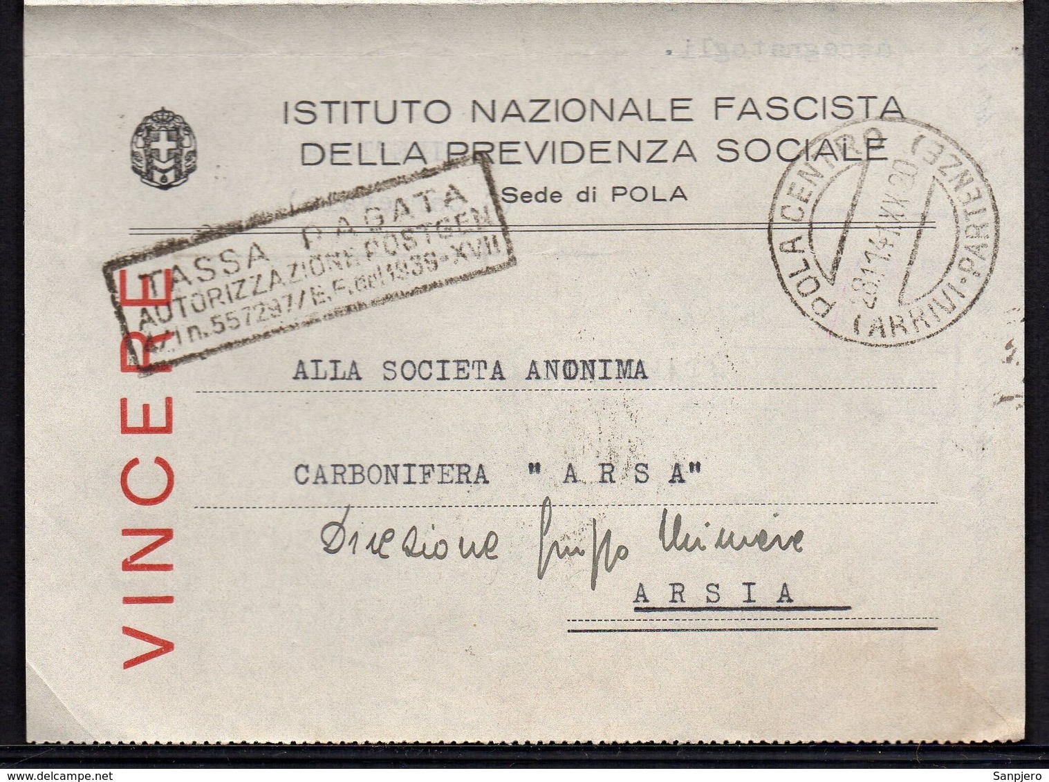 ITALY ITALIA POLA 1941. INSTITUTO NAZIONALE FASCISTA DELLE PREVIDENZA SOCIALE - Documenti Storici