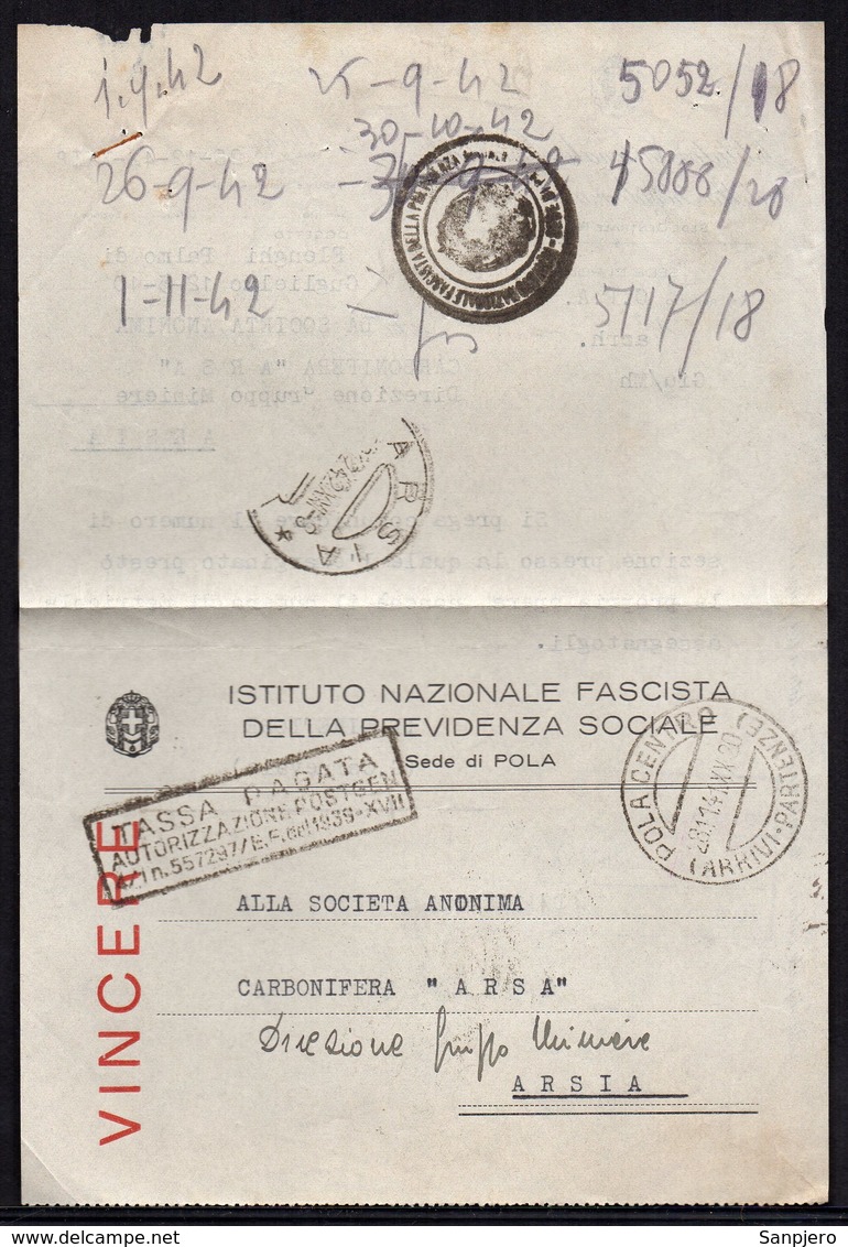 ITALY ITALIA POLA 1941. INSTITUTO NAZIONALE FASCISTA DELLE PREVIDENZA SOCIALE - Documenti Storici