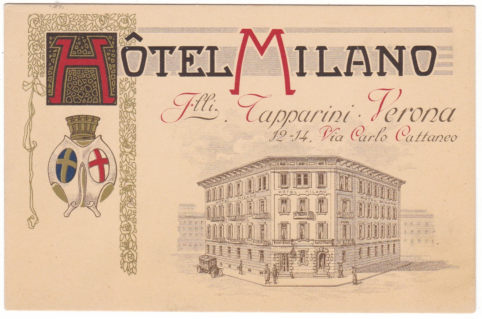 8844 Italy, Verona Old Litho? Postcard Unused: Hotel Milano, Automobile Era, Animated - Verona