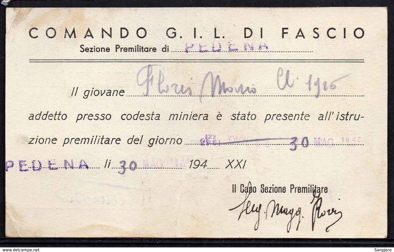 MILITARIA ITALY ITALIA ARSIA 1943. P.N.F. GIOVENTU ITALIANA DEL LITTORIO, COMANDO G.I.L. DI FASCIO - Militaria