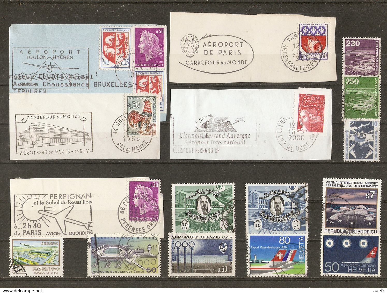 Aéroports - Petit Lot De 11 Timbres° , 5 Flammes - Bahrain - Vienne - Berlin - Francfort - Genève - Orly - Toulon - Bâle - Alla Rinfusa (max 999 Francobolli)