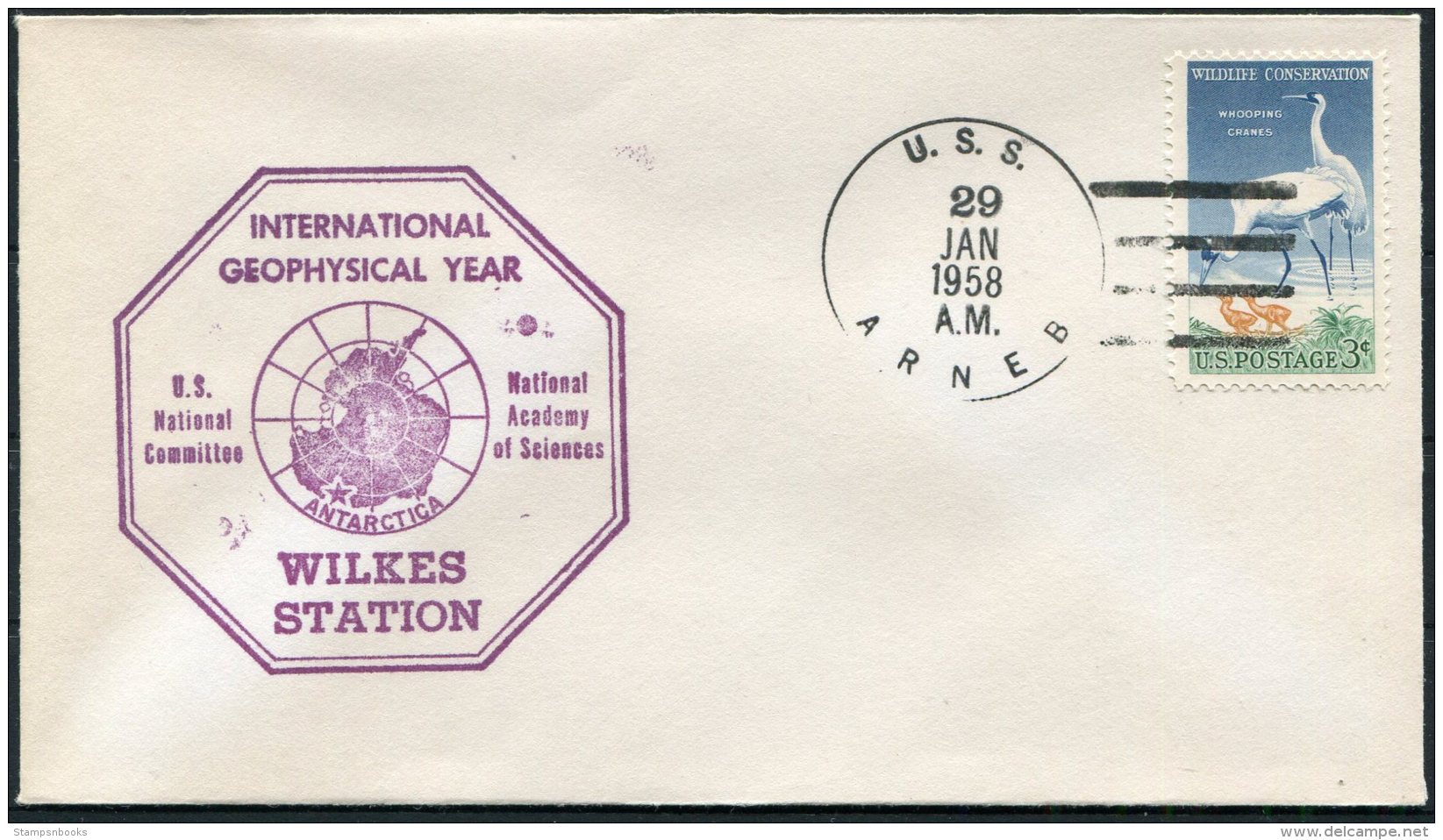 1958 USA International Geophysical Year IGY Cover. U.S.S.ARNEB Ship, Wilkes Station Antarctica. Operation Deep Freeze - International Geophysical Year